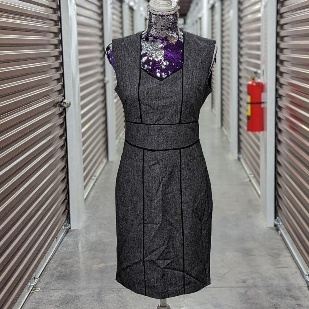 Quiet Luxury Career‎ Chic Sheath Dress Gray Black Petite Basque 10P Minimalist